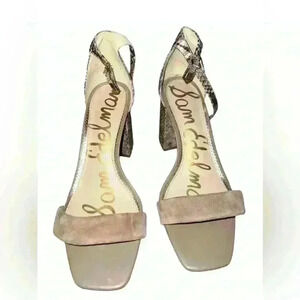 SAM EDELMAN "Daniella" Sz 9 Tan Metallic Snakeskin 2 Tone Ankle Strap Sandal